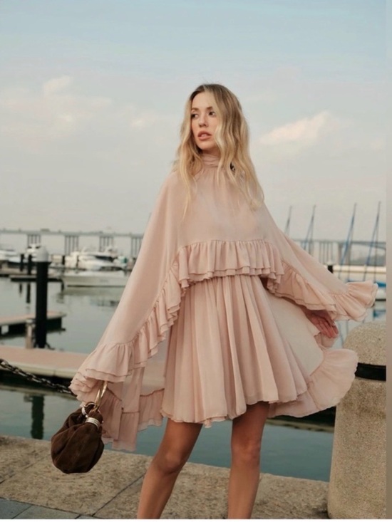 Commense Dresses & Skirts - Commense Semi-Sheer Chiffon Ruffle Dress With Outer Cape